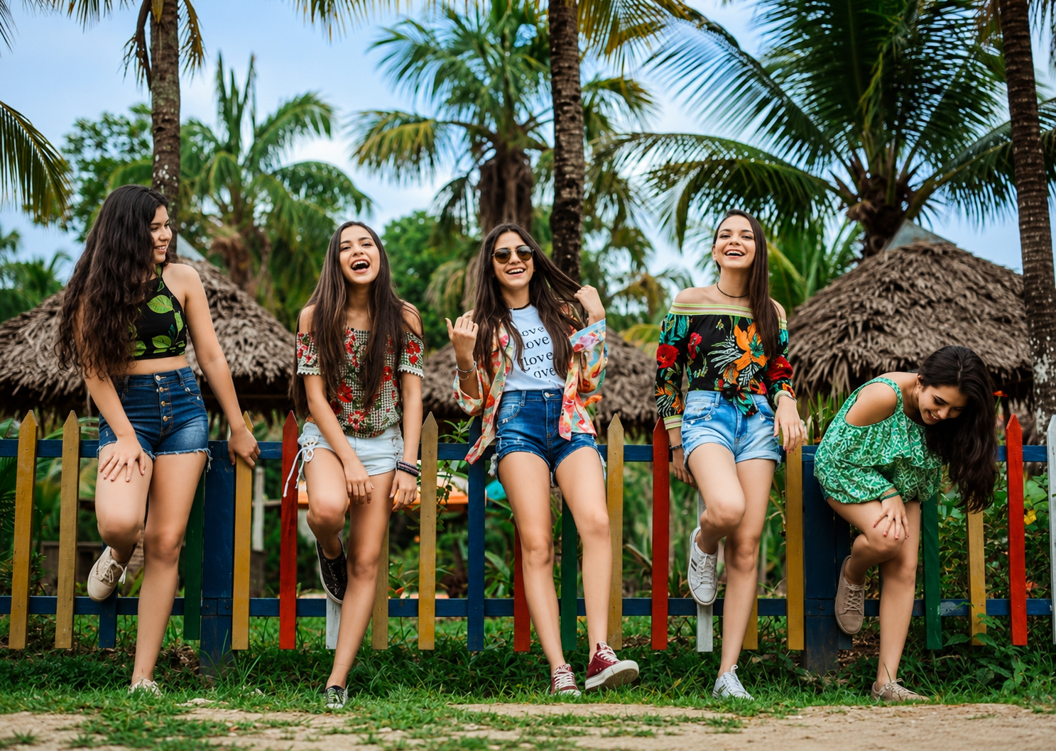 Retrato grupal de amigas junto a la cerca de colores y palmeras
