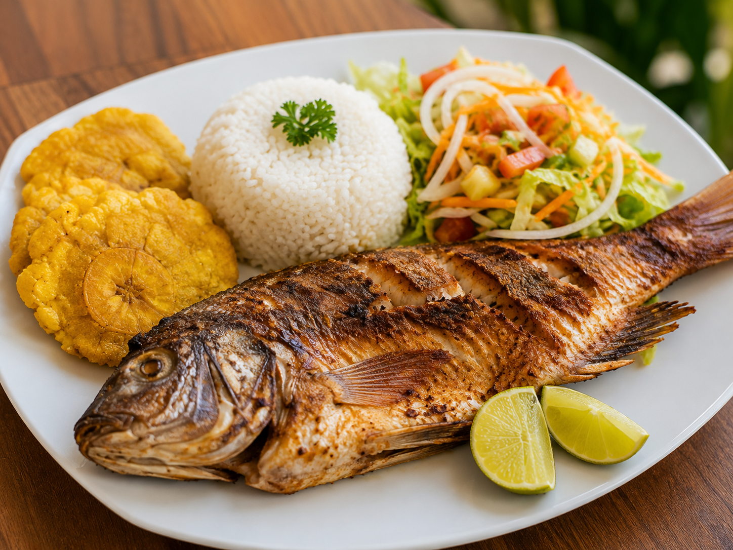 Pescado frito amazónico con patacones, arroz y ensalada