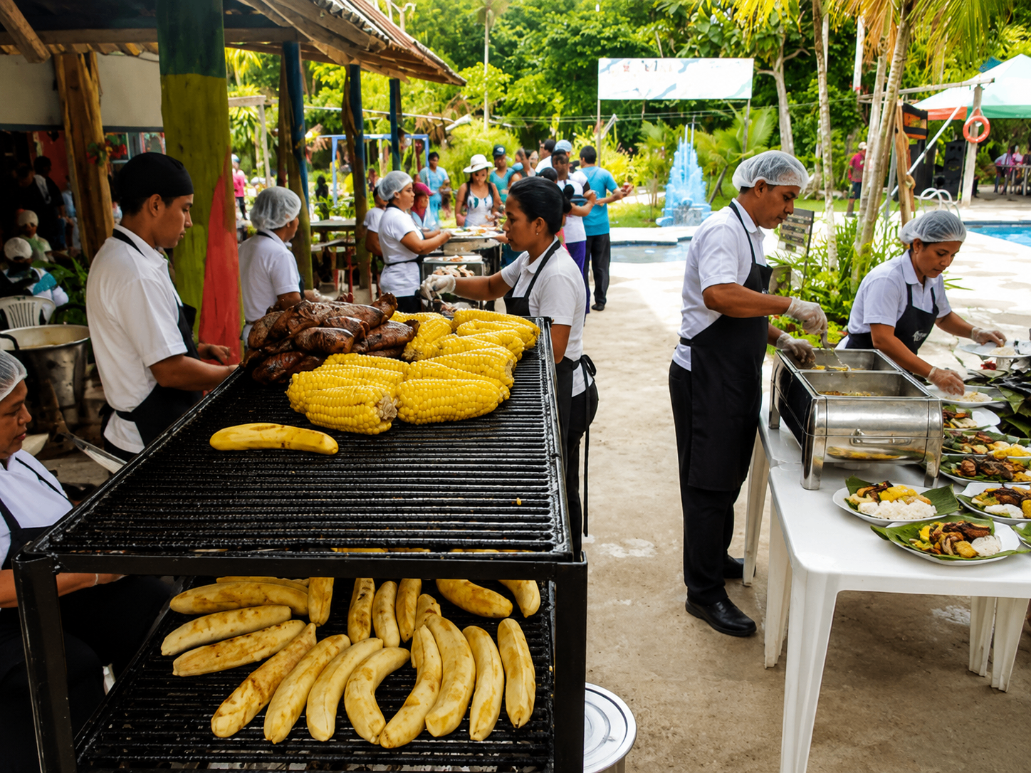 Buffet tropical al aire libre con parrilla