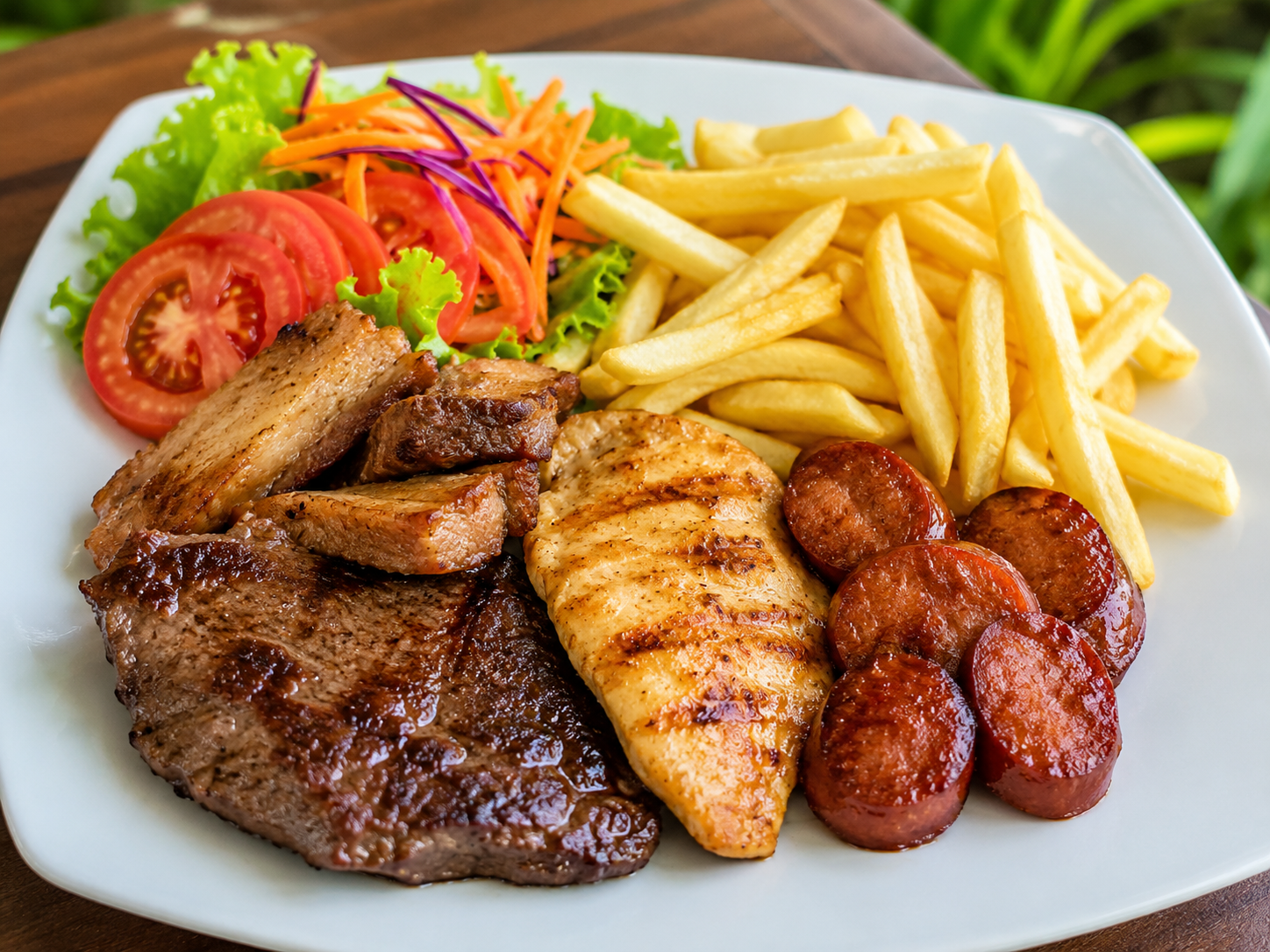 Plato combinado con carnes mixtas, papas fritas y ensalada