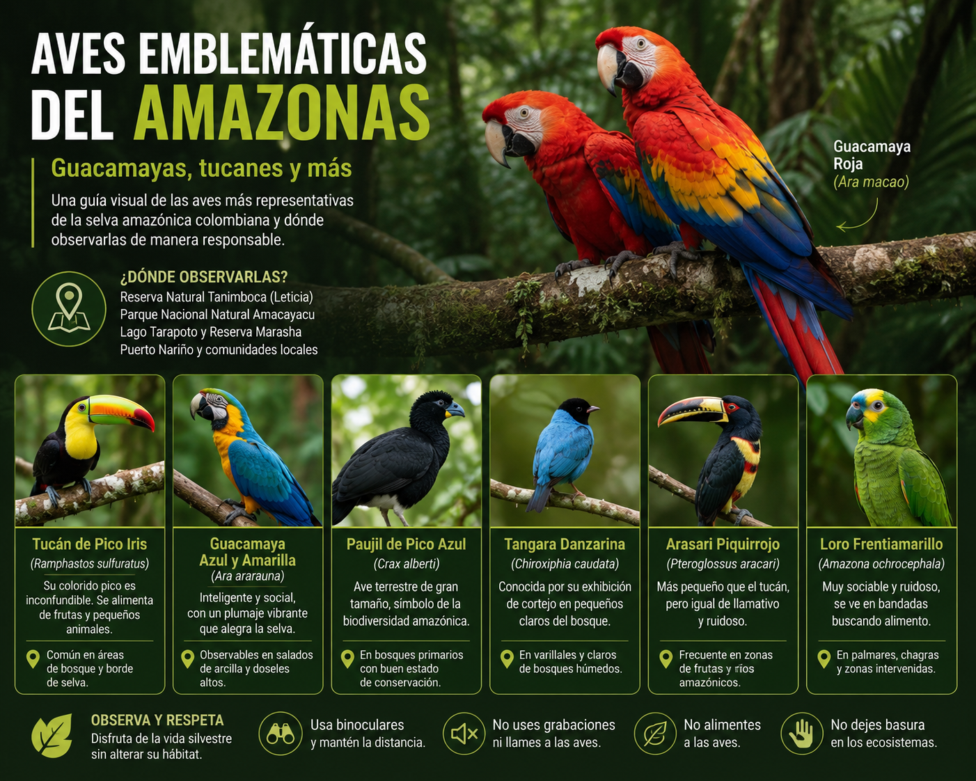 Aves emblemáticas del Amazonas: guacamayas, tucanes y más