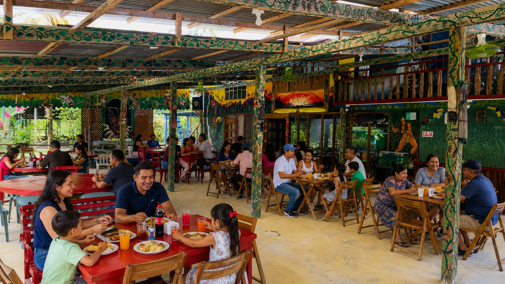 Familias compartiendo comida y risas en el restaurante amazónico