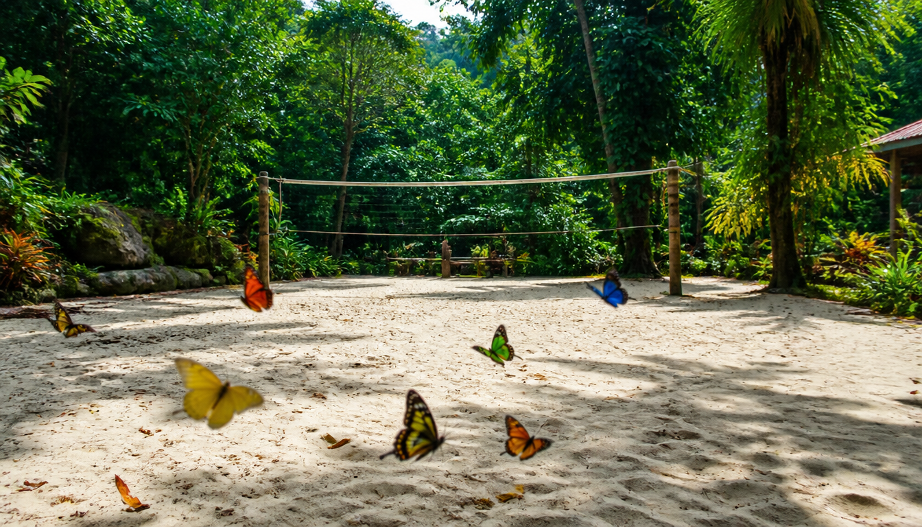 Mariposas tropicales sobre la cancha de arena de Las Amazonas