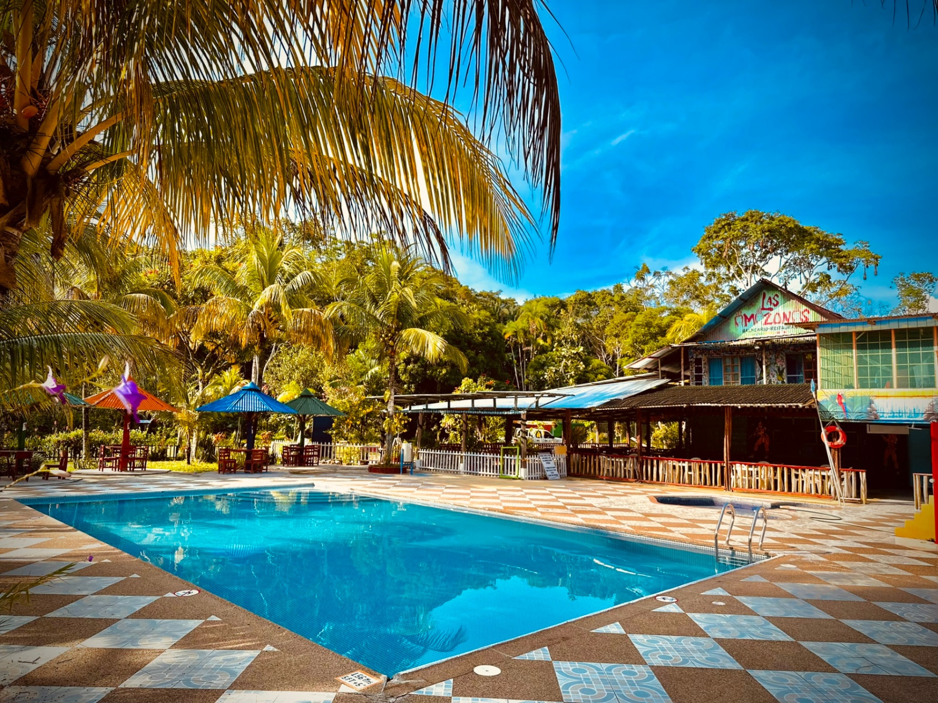 Piscina principal con palmeras y fachada de Las Amazonas