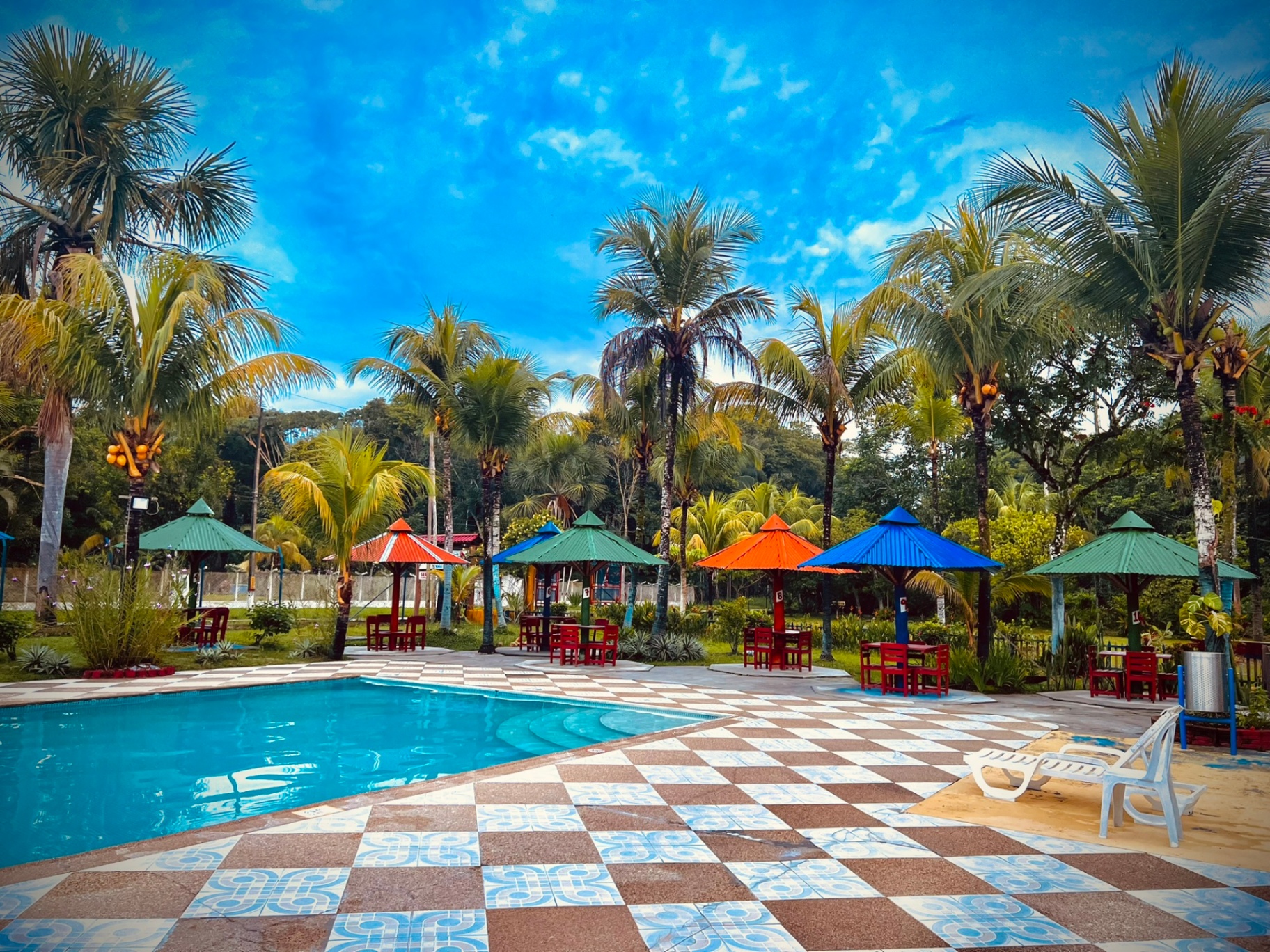 Sector de kioscos junto a la piscina rodeado de palmeras