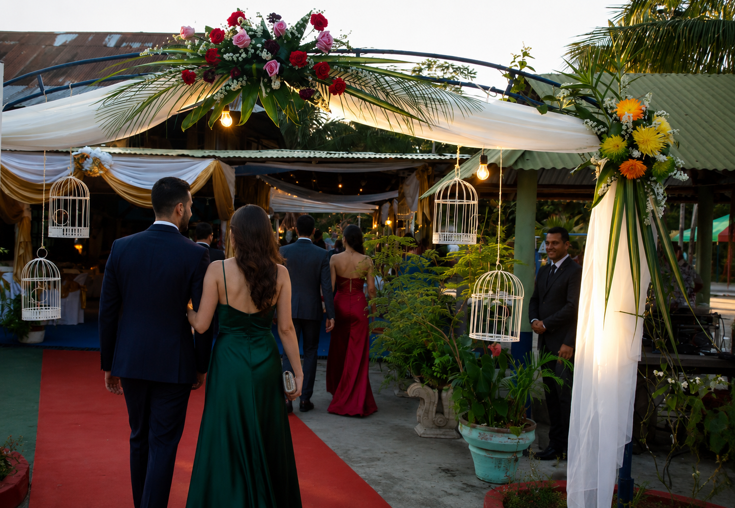 Entrada elegante para celebración tropical en Las Amazonas