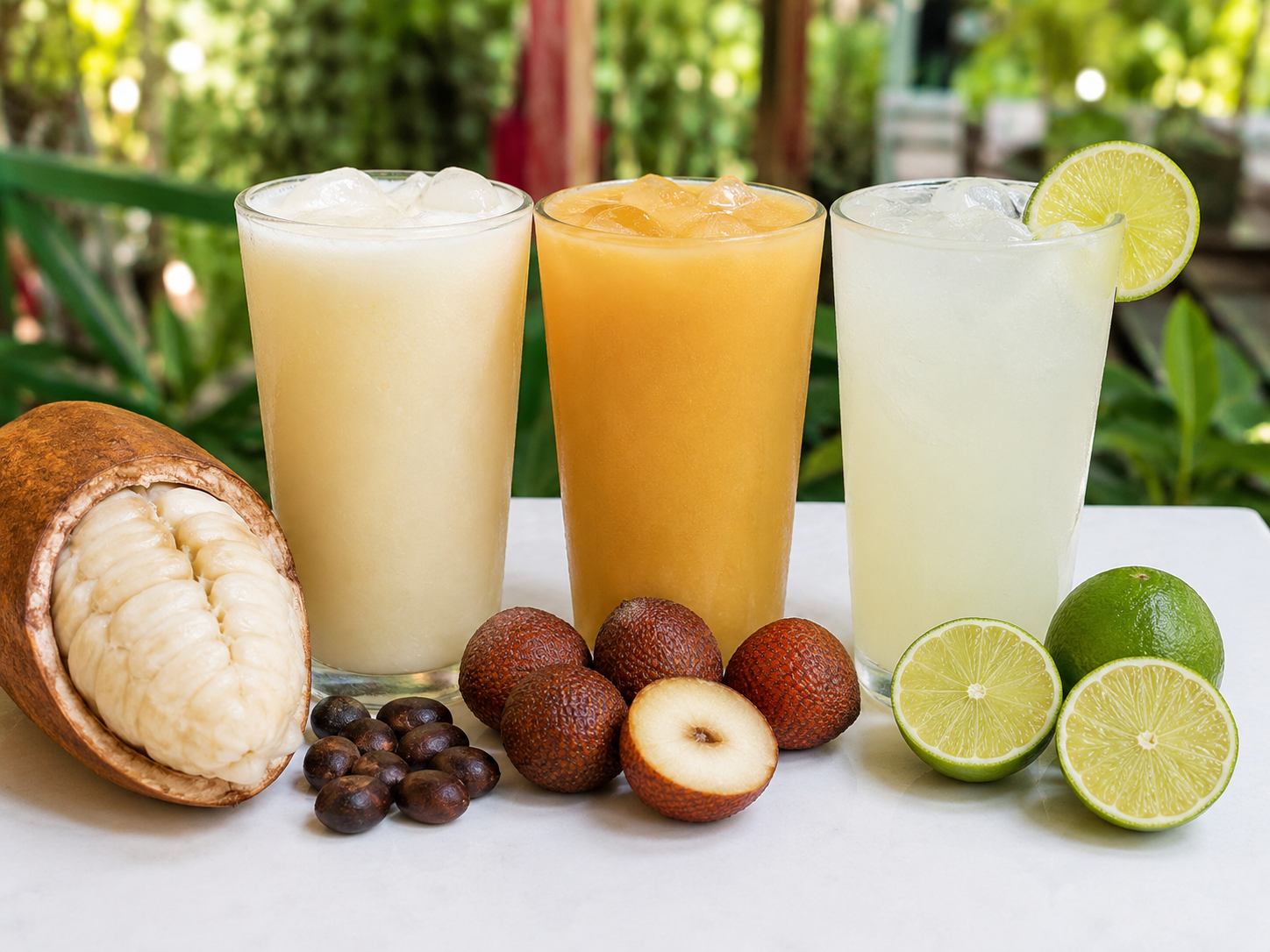 Bebidas frescas tropicales de copoazú, cocona y limonada