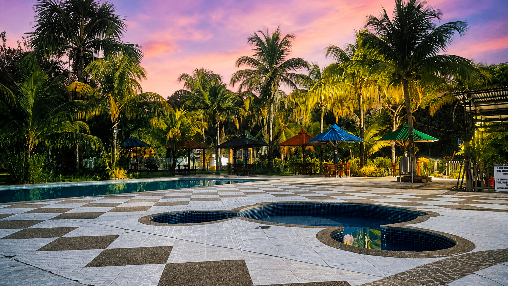 Atardecer sobre las piscinas y palmeras